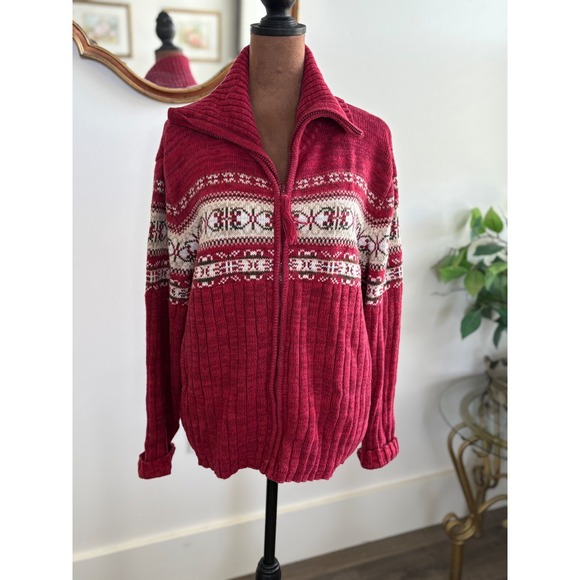 Carly St. Claire Cardigan Sweater Red Fair Isle Zip Up Large Knit - Picture 1 of 5